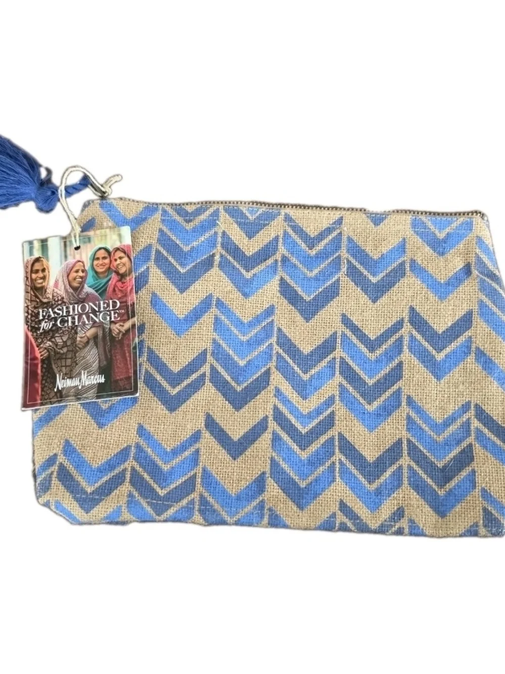 Neiman Marcus Blue Chevron Jute Cosmetic Pouch with Tassel